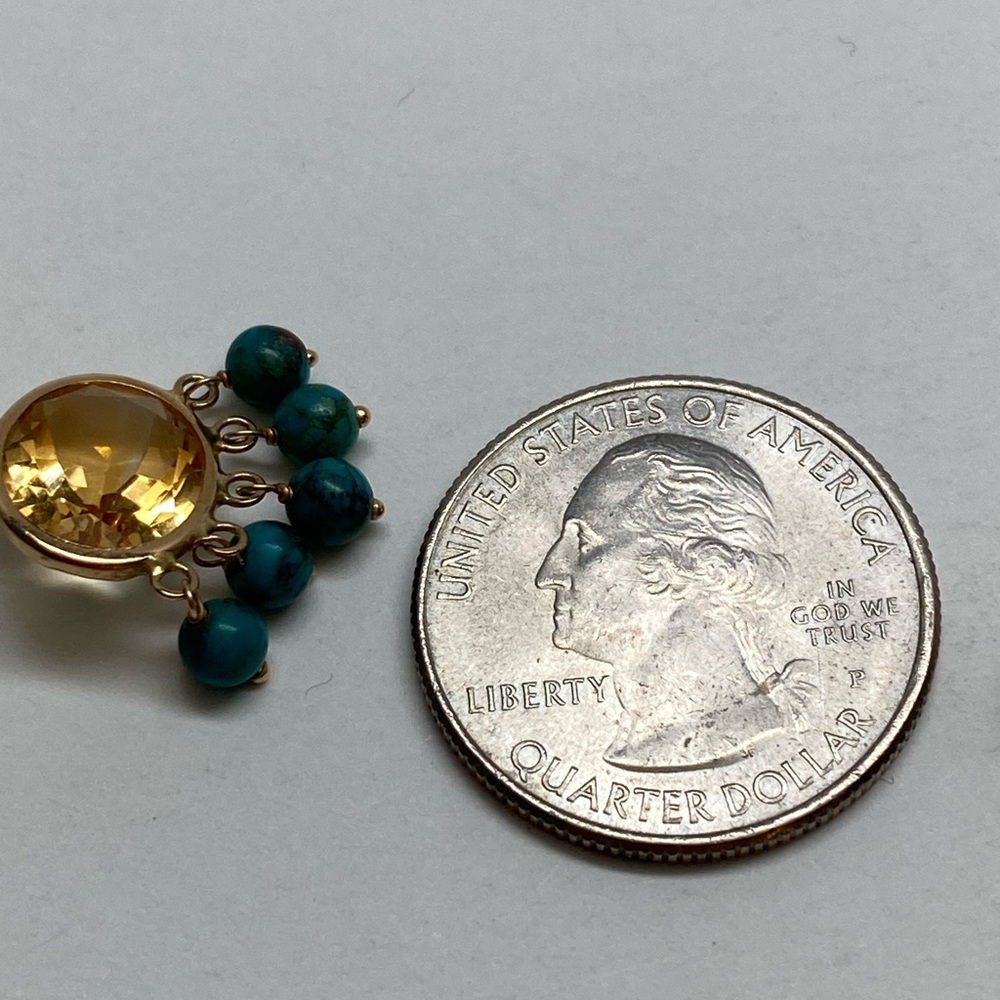 14K Yellow Gold Bezel Citrine and Turquoise Bead Dangle Leverback Earrings - Picture 8 of 15